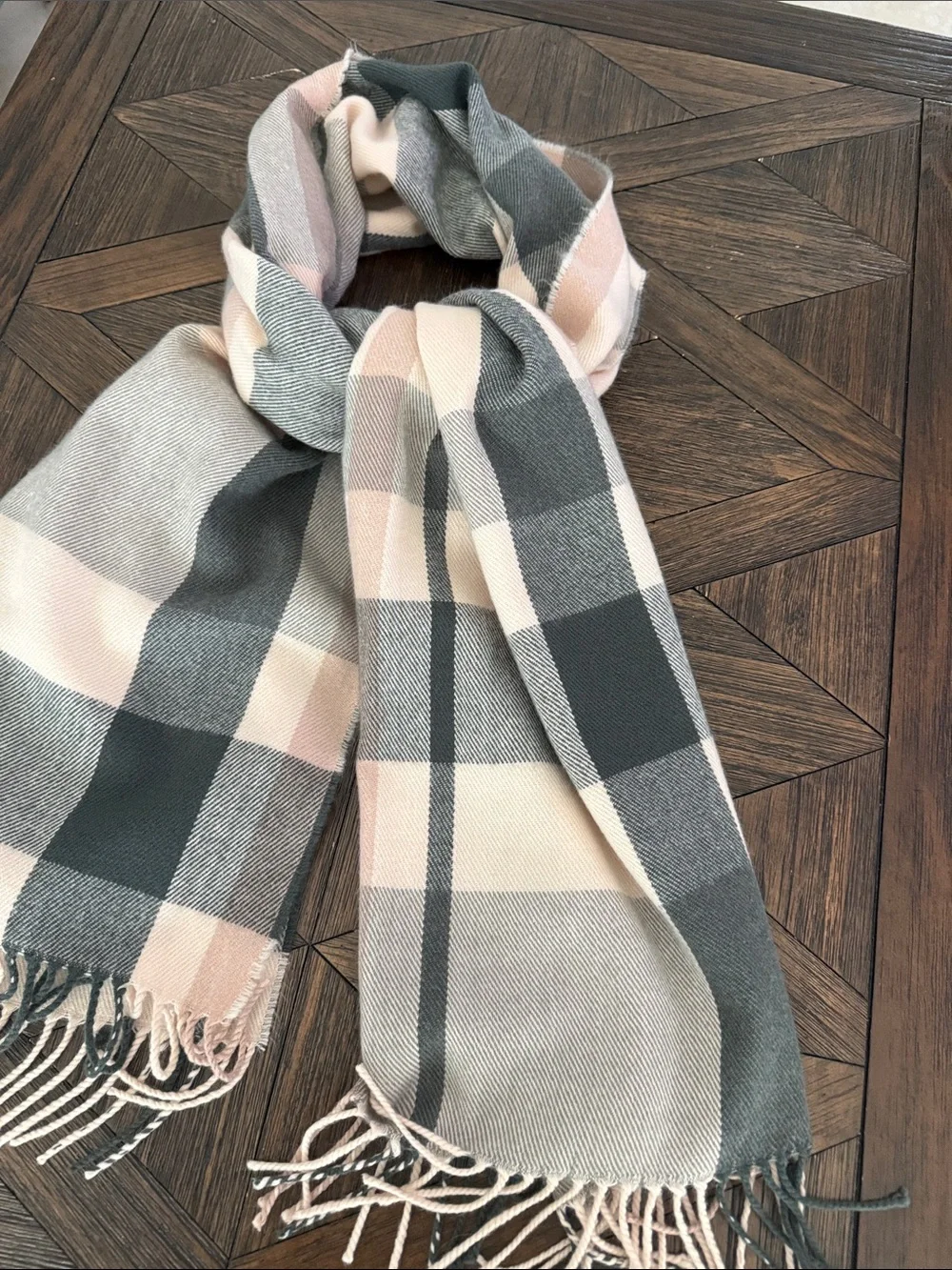 J.Crew Classic Plaid Blanket Scarf Pink Cream Gray Oversized Fringe Wrap